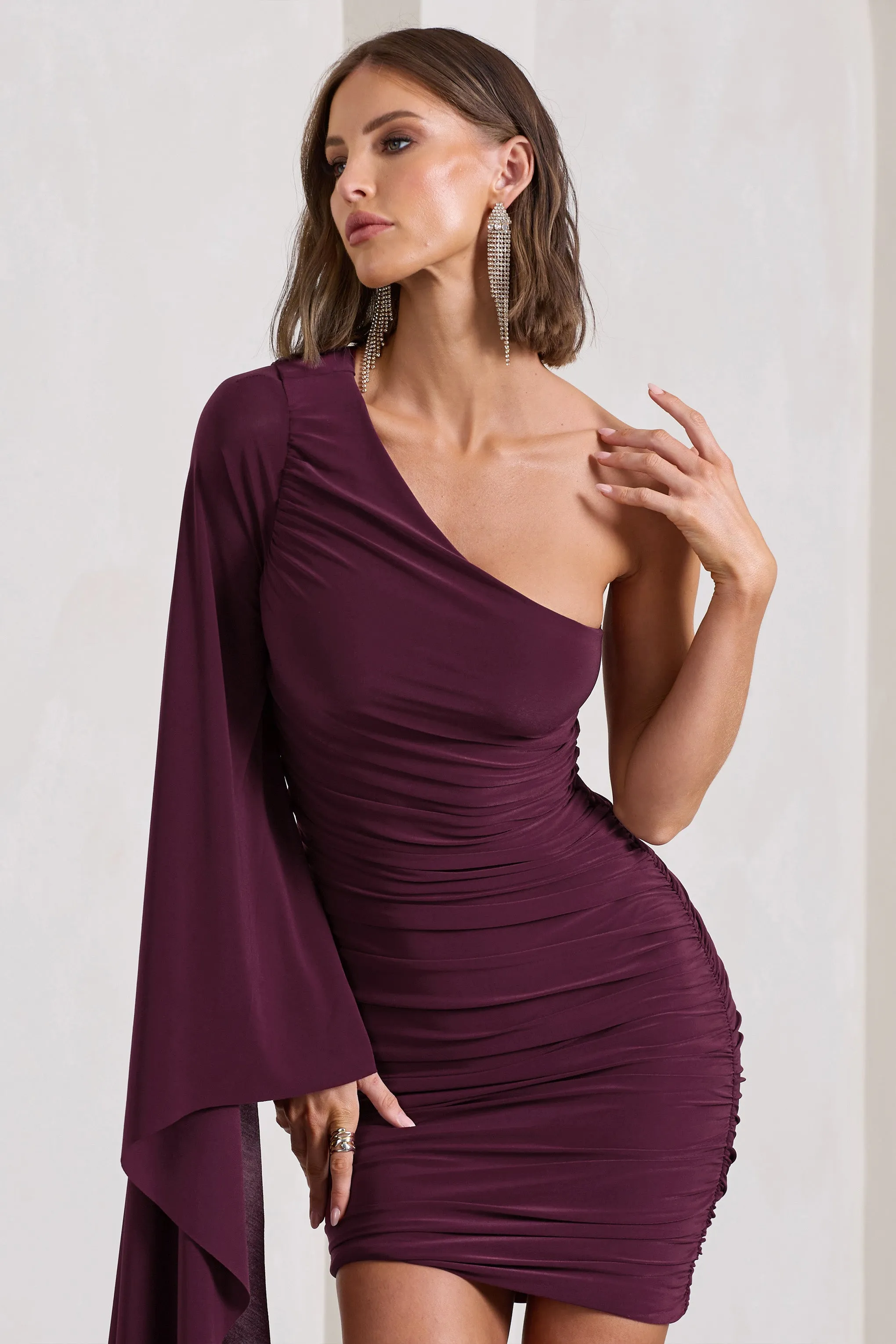 Palmer | Burgundy Ruched One-Shoulder Asymmetric Mini Dress With Cape Sleeve