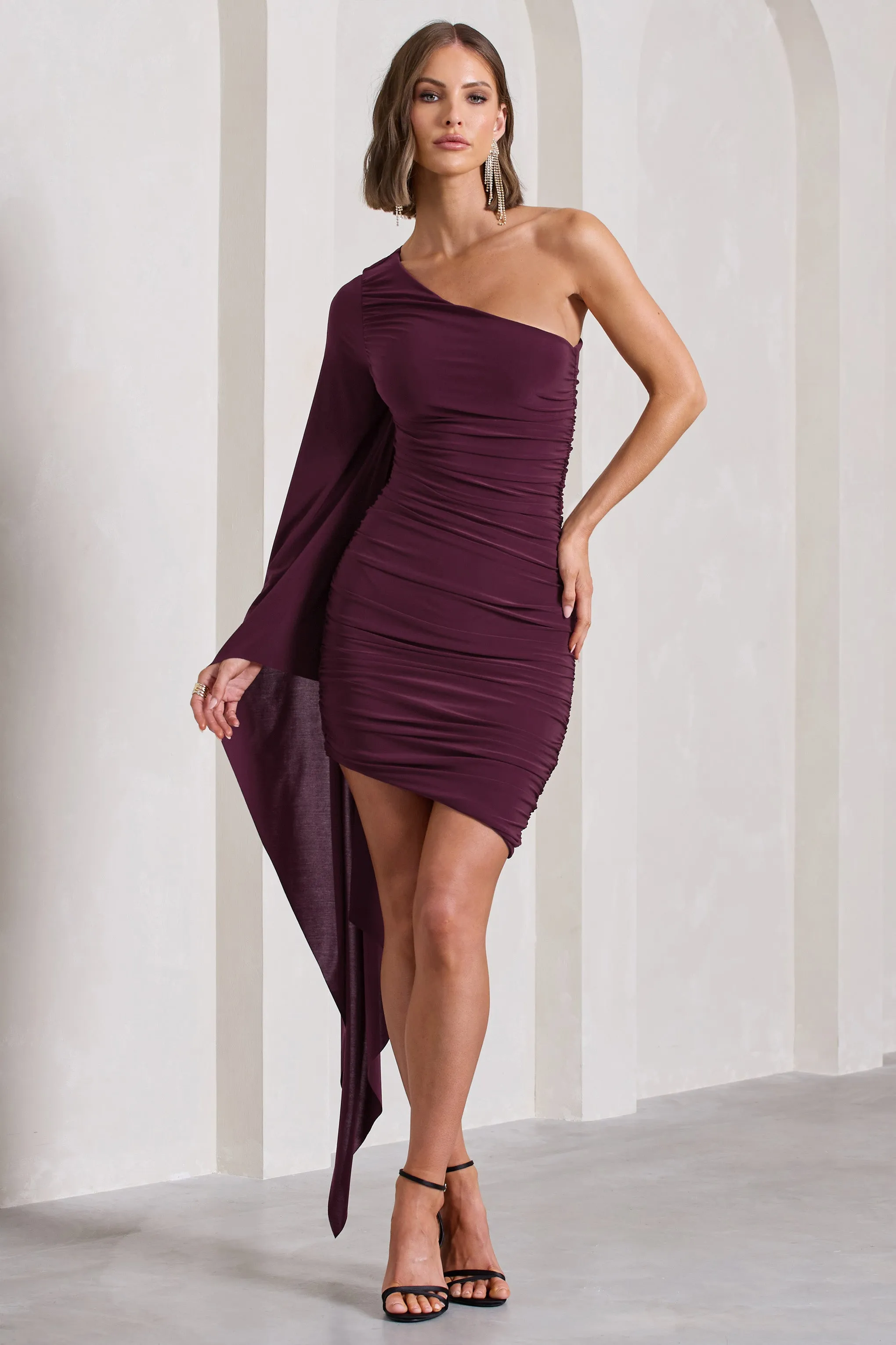 Palmer | Burgundy Ruched One-Shoulder Asymmetric Mini Dress With Cape Sleeve