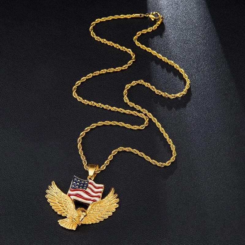 Paved Rhinestone-Studded American Flag and Eagle Bling Stainless Steel Hip-hop Pendant Necklace