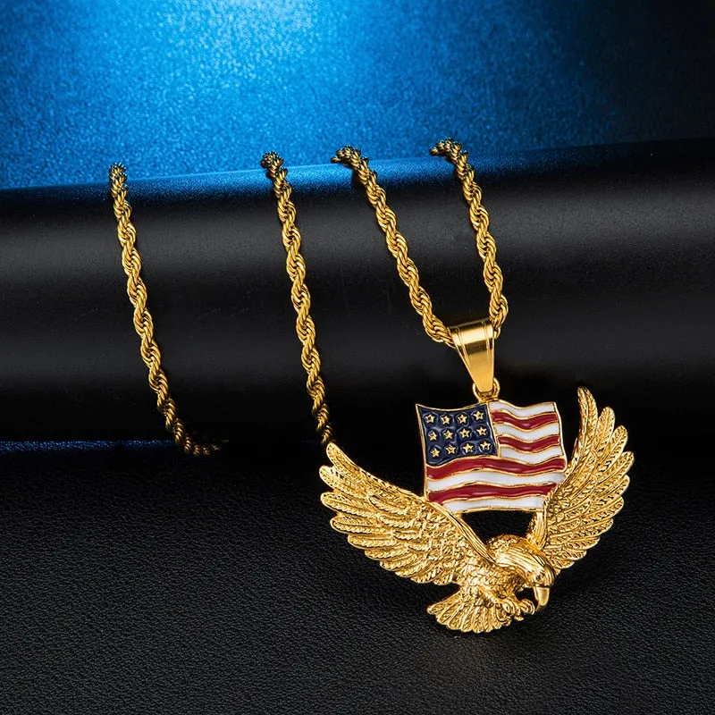 Paved Rhinestone-Studded American Flag and Eagle Bling Stainless Steel Hip-hop Pendant Necklace