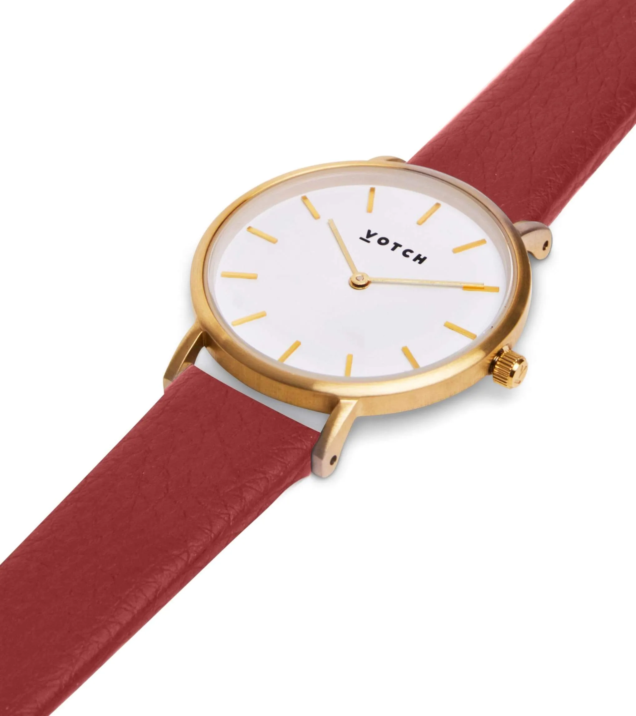 Petite Watch with Gold & White Dial | Ruby Red Vegan Leather Strap