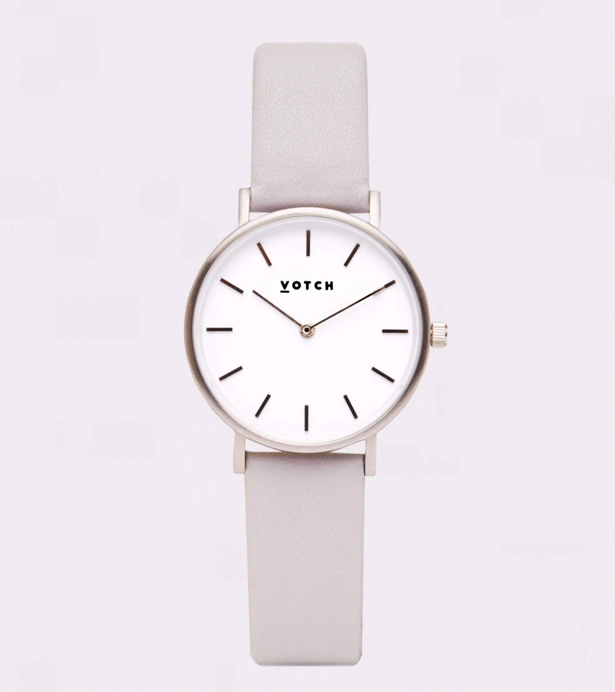 Petite Watch with Silver & White Dial | Light Grey Vegan Leather Strap