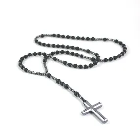 Polished Hematite Stone Rosary with Polished Black Cross Pendant Necklace