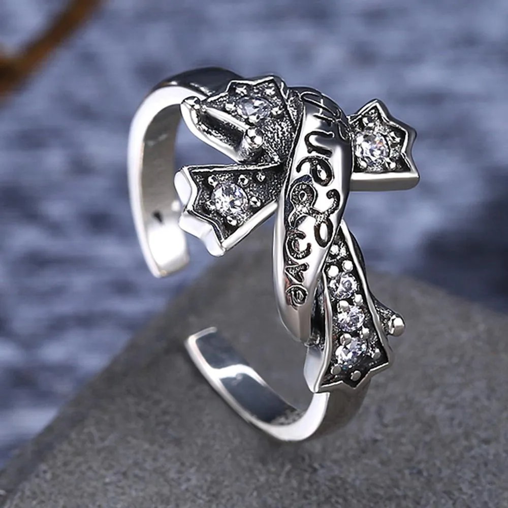 "True Love" Cubic Zirconia Cross 925 Sterling Silver Adjustable Ring