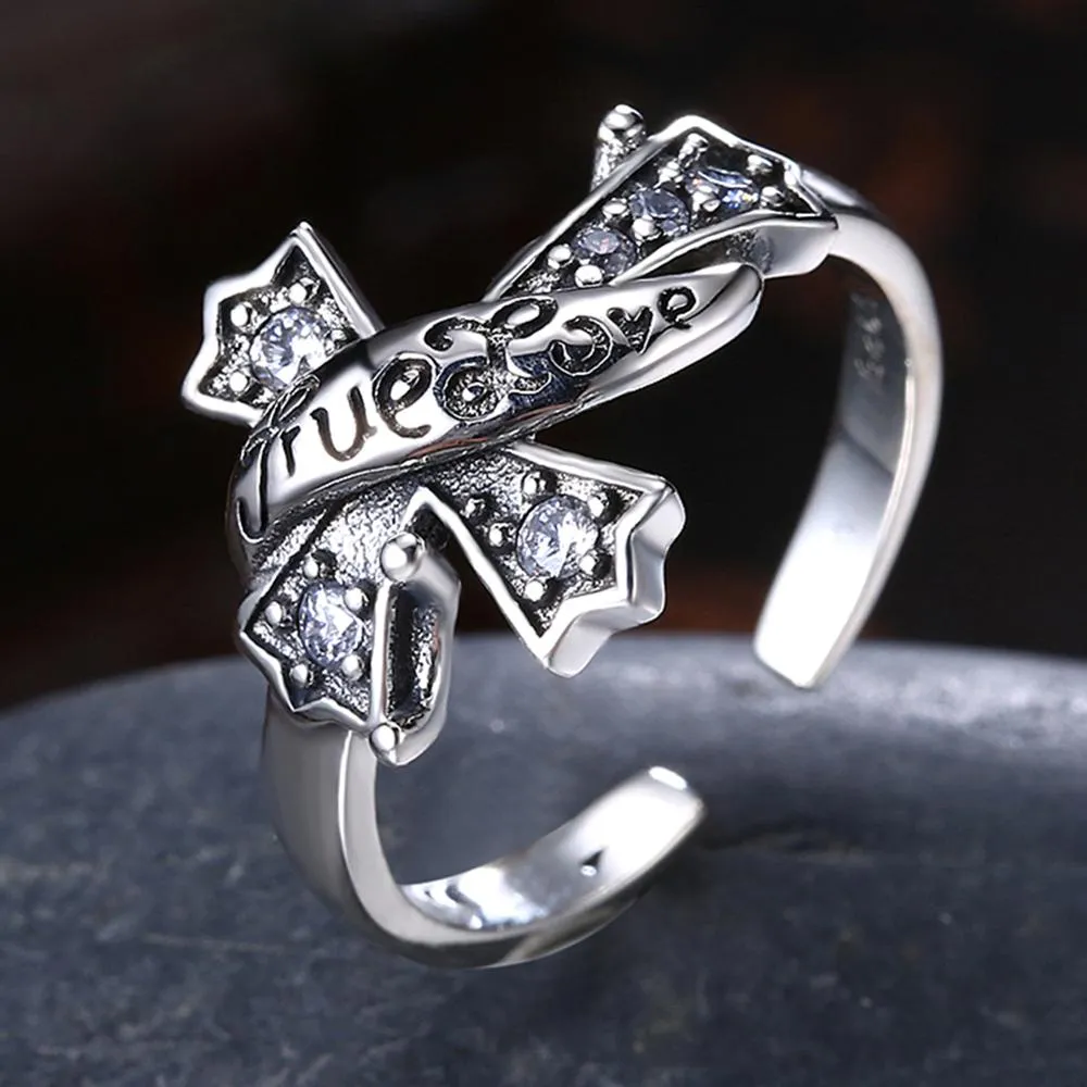 "True Love" Cubic Zirconia Cross 925 Sterling Silver Adjustable Ring