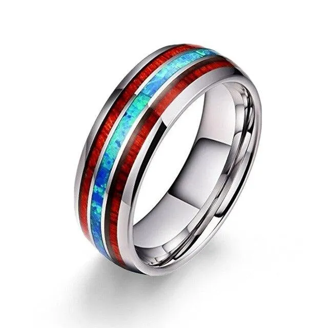 Red Koa Wood & Opal and White/Red Cubic Zirconia Stainless Steel Wedding Ring Set