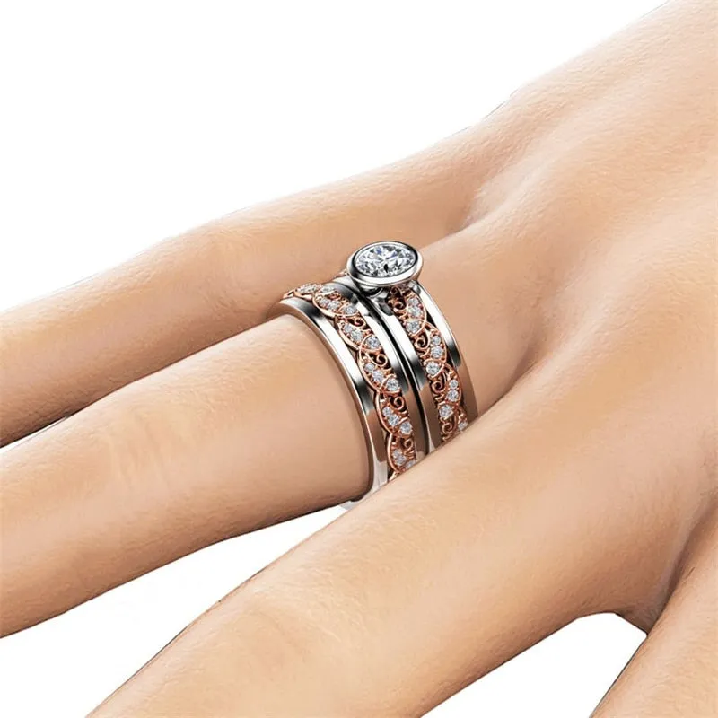 Retro Pattern Cubic Zirconia Stainless Steel Wedding Band Set