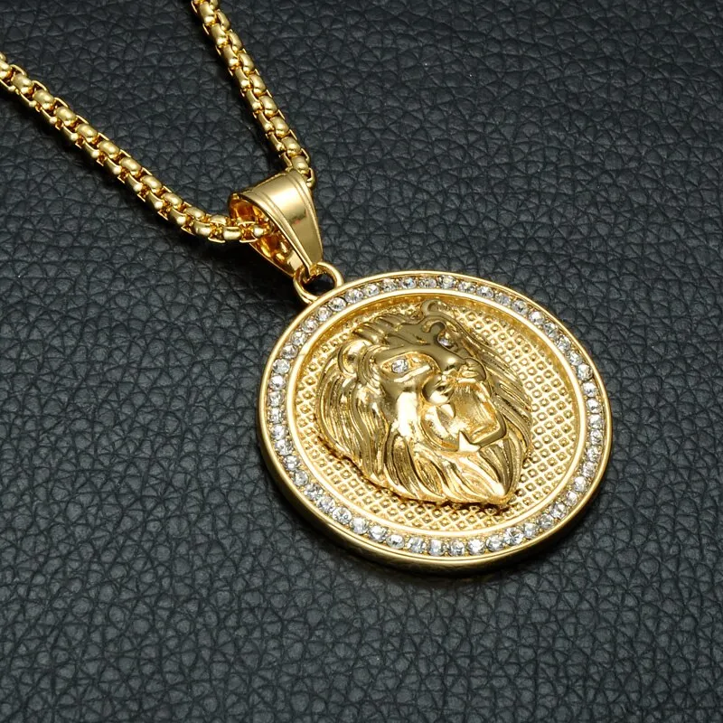 Rhinestone-Studded Gold-Plated Lion Head Bling Stainless Steel Hip-hop Pendant Necklace