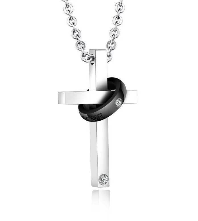 Silver Couple Ring with Zirconia and Cross Pendant Chain Necklace