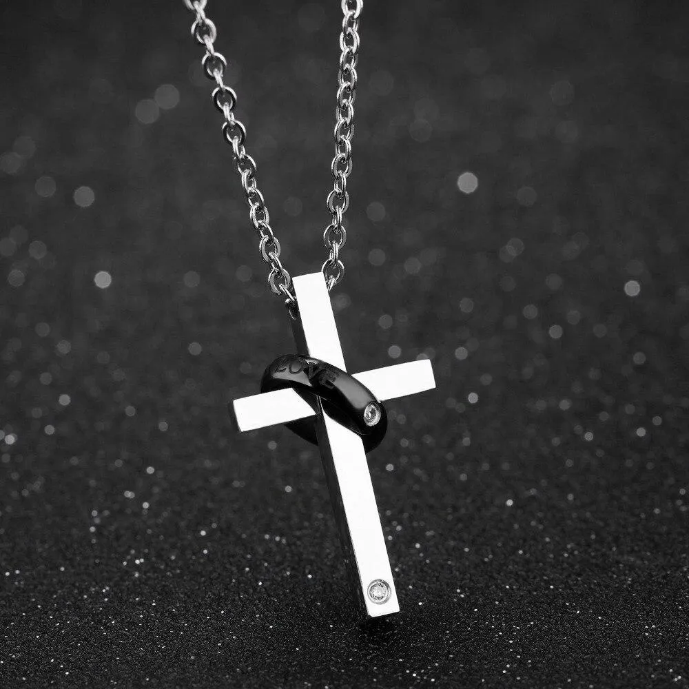 Silver Couple Ring with Zirconia and Cross Pendant Chain Necklace