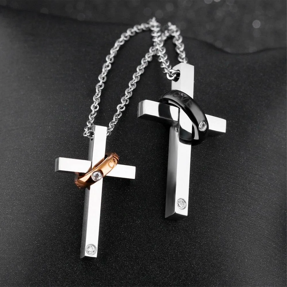 Silver Couple Ring with Zirconia and Cross Pendant Chain Necklace