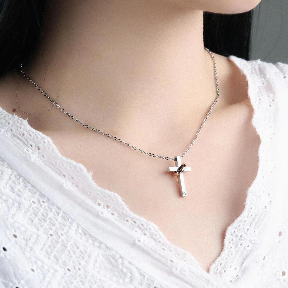 Silver Couple Ring with Zirconia and Cross Pendant Chain Necklace