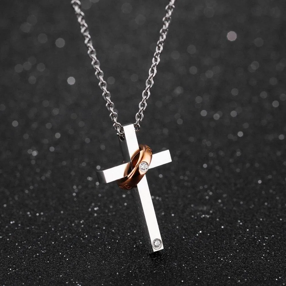 Silver Couple Ring with Zirconia and Cross Pendant Chain Necklace