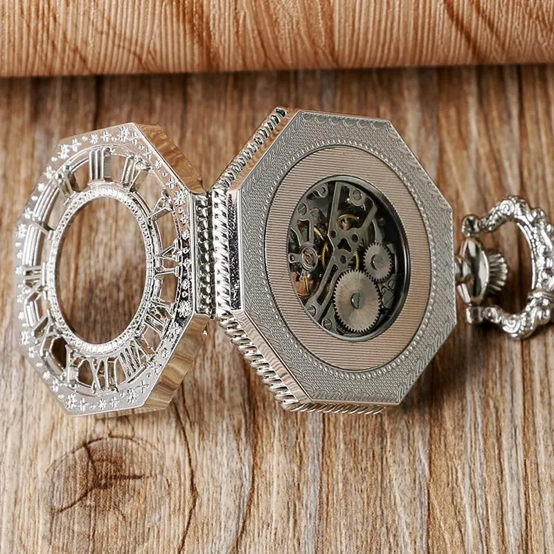 Silver Octagon Pocket Watch with Roman Numeral Carvings and Visible Gear Skeleton