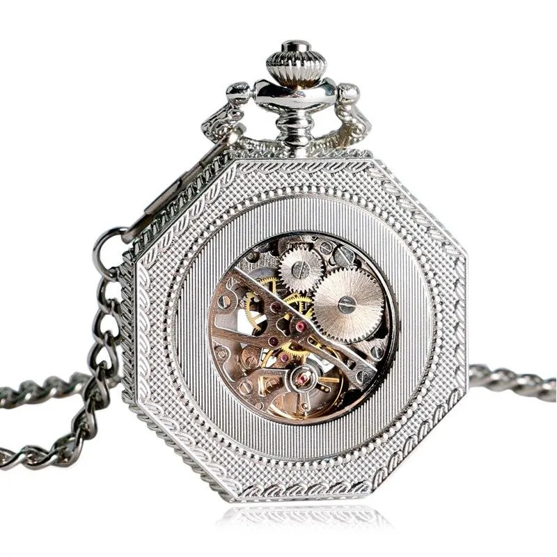 Silver Octagon Pocket Watch with Roman Numeral Carvings and Visible Gear Skeleton