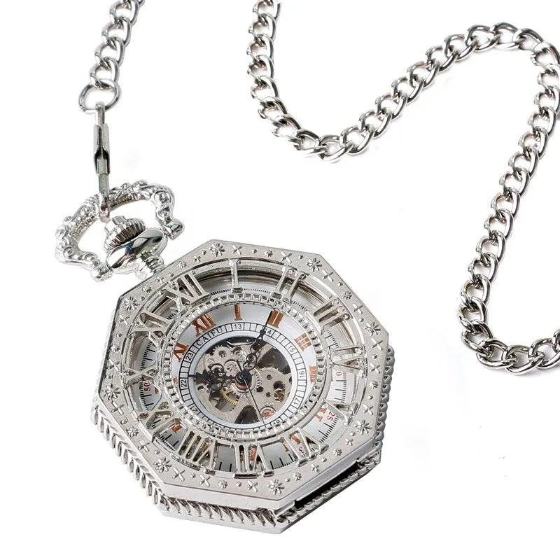 Silver Octagon Pocket Watch with Roman Numeral Carvings and Visible Gear Skeleton