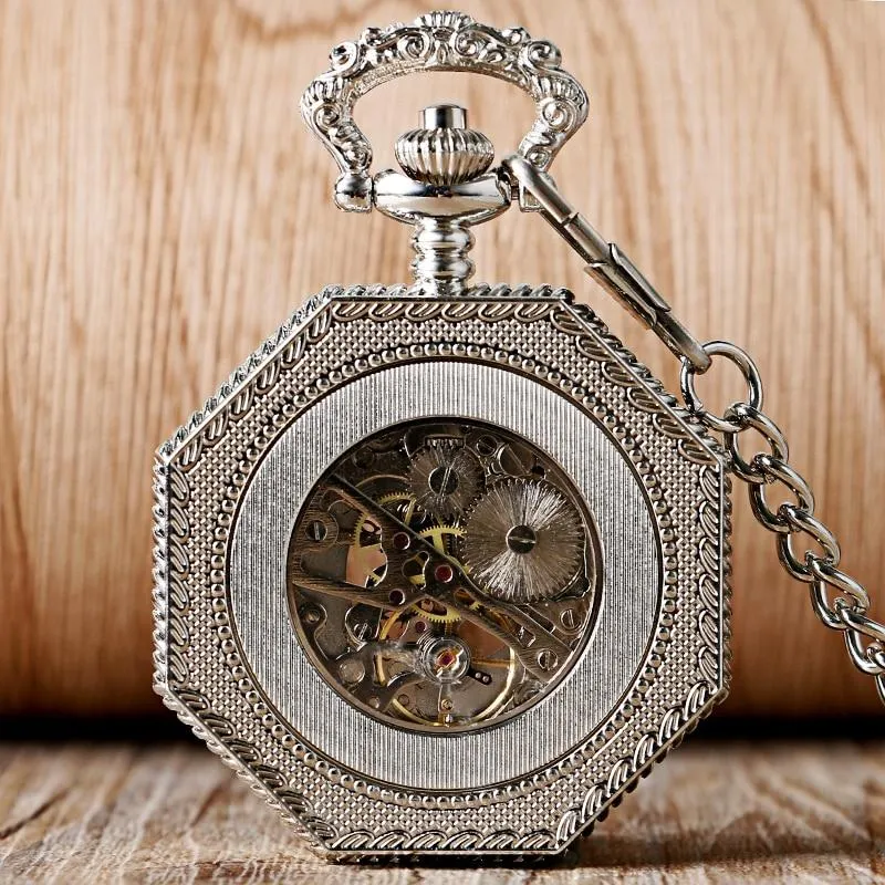 Silver Octagon Pocket Watch with Roman Numeral Carvings and Visible Gear Skeleton