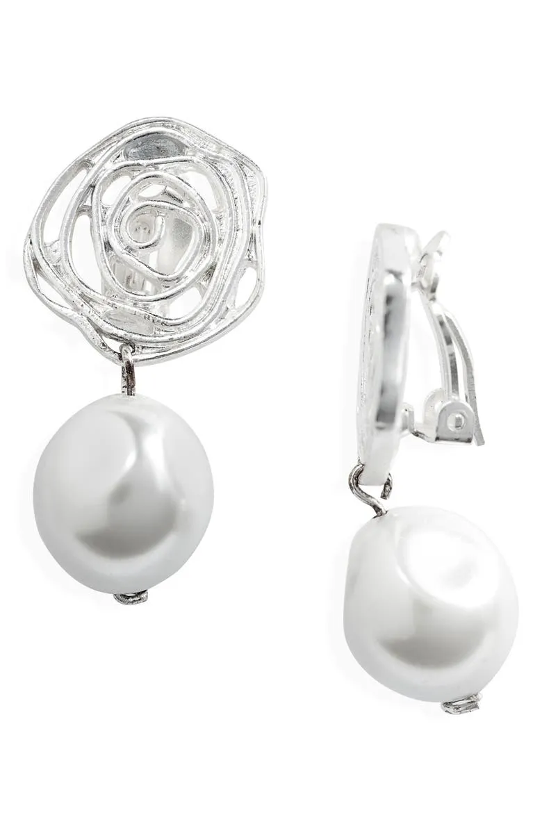 Swirling rose with pearl drop clip-on earrings