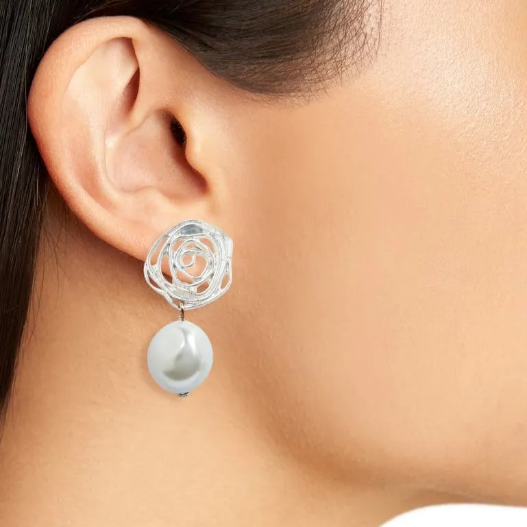 Swirling rose with pearl drop clip-on earrings