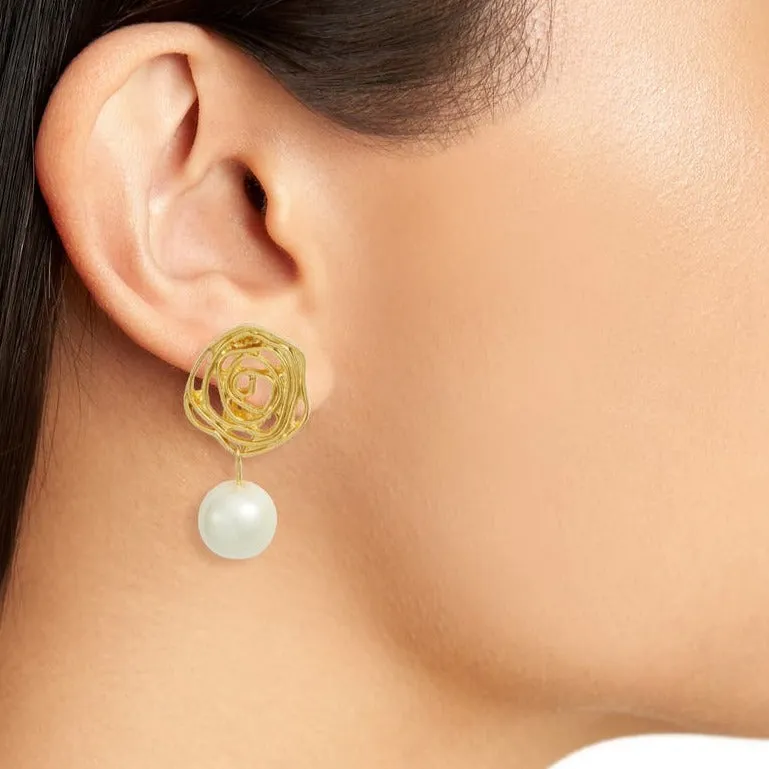 Swirling rose with pearl drop clip-on earrings