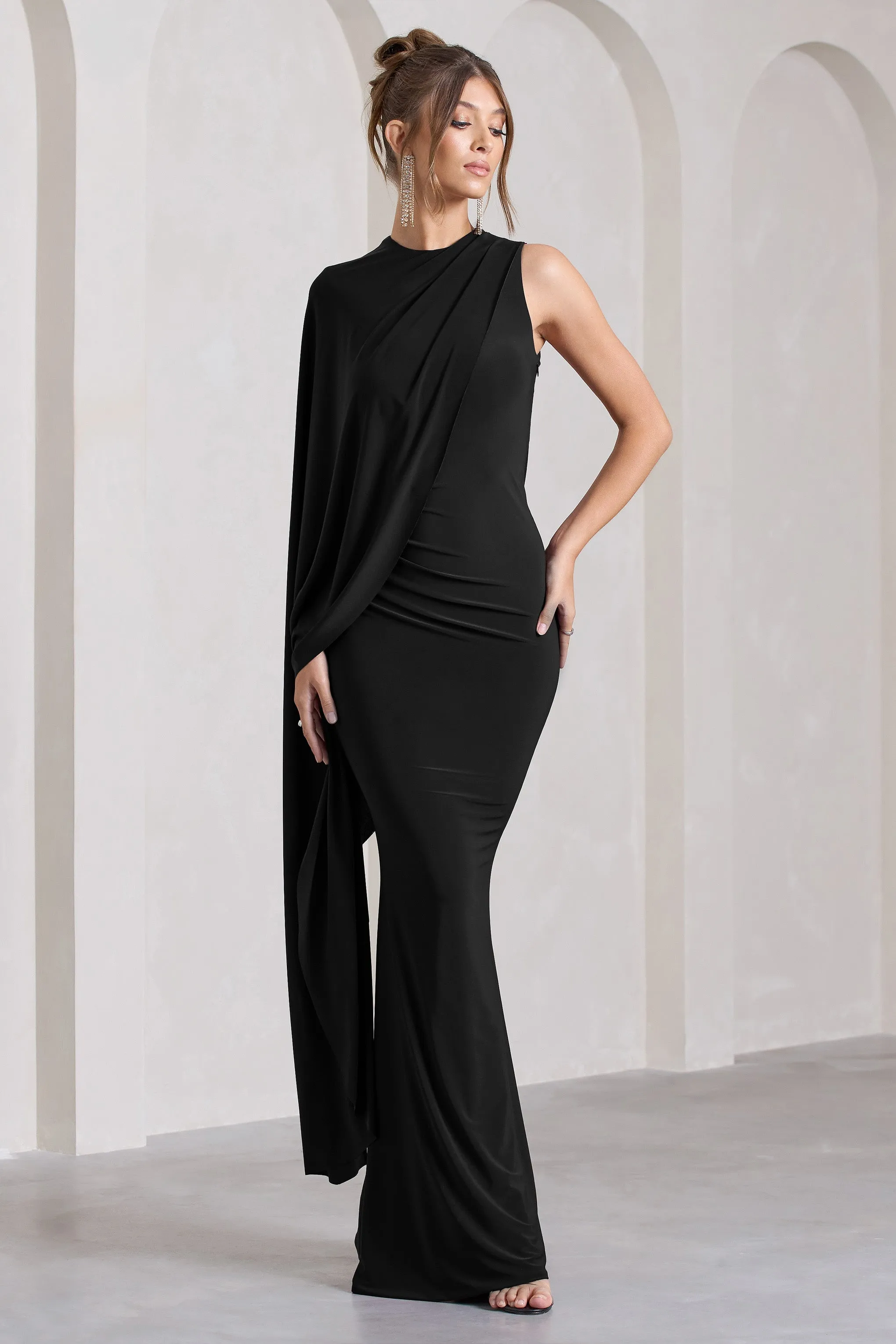 Unveil | Black One-Sleeve Cape Maxi Dress