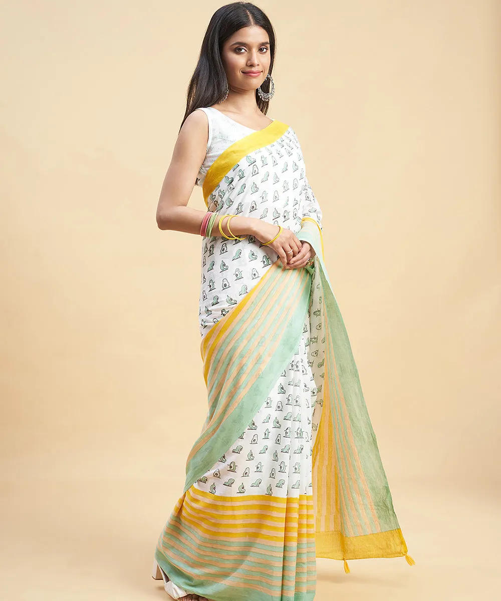 White cyan green cotton hand block sanganeri printed saree