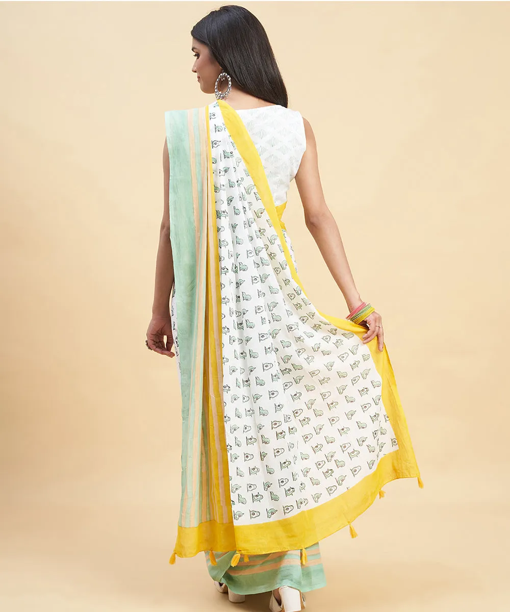 White cyan green cotton hand block sanganeri printed saree