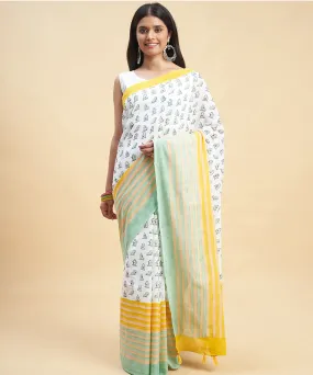 White cyan green cotton hand block sanganeri printed saree