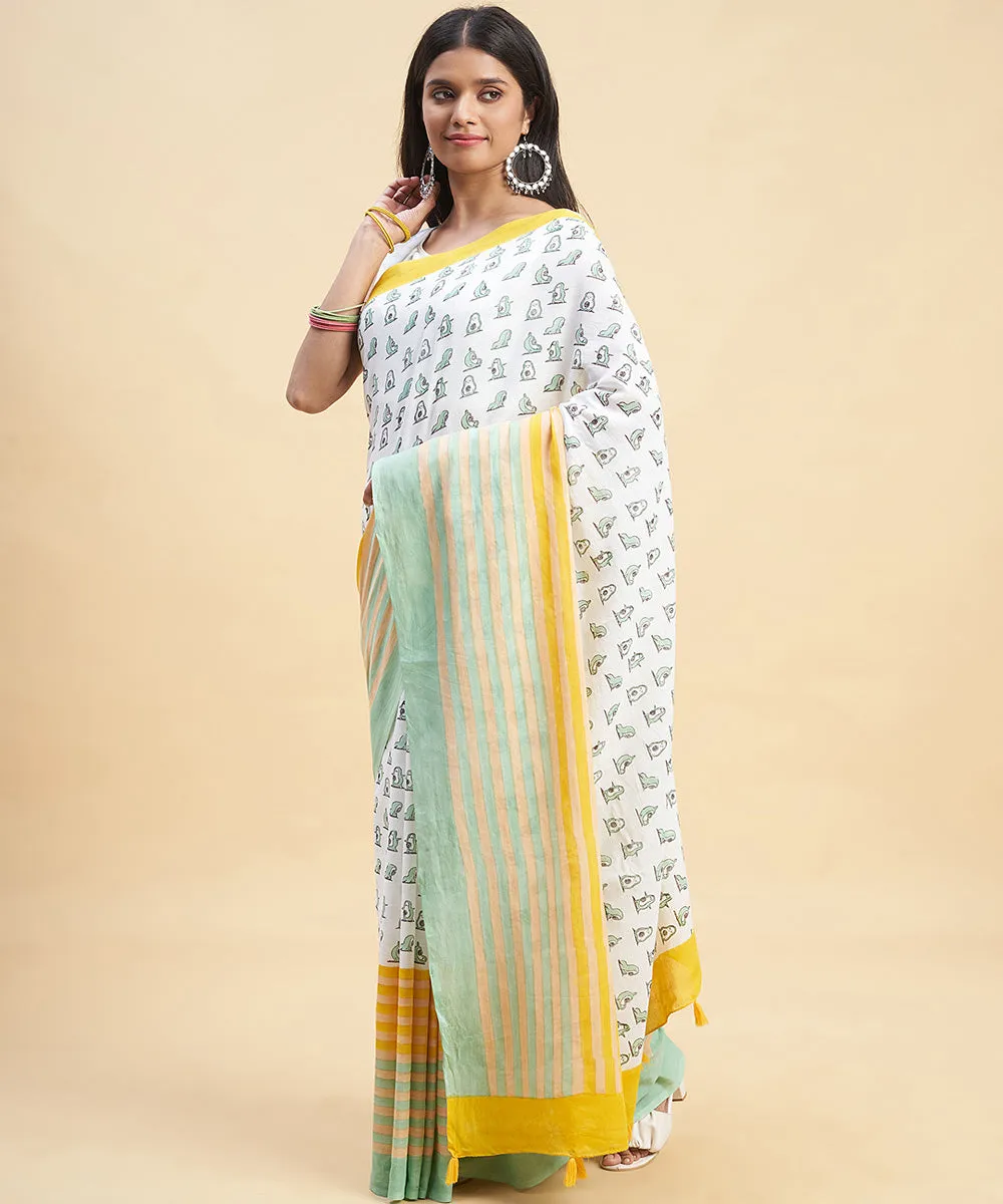 White cyan green cotton hand block sanganeri printed saree