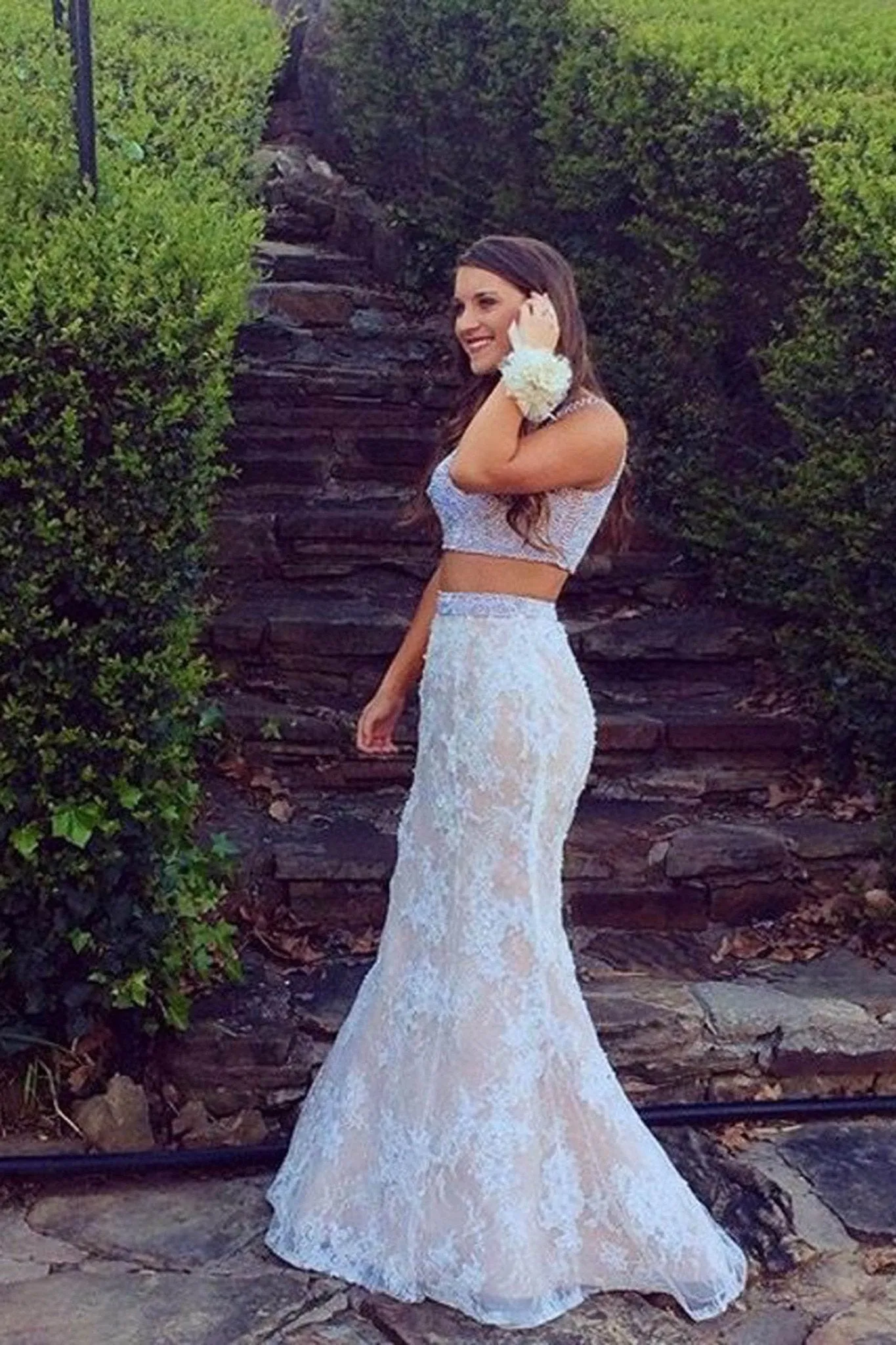 White lace two pieces mermaid beading long prom dress graduation