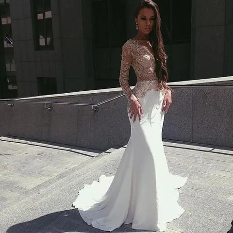 White Mermaid Long Sleeves Seen Through Long Prom Dresses