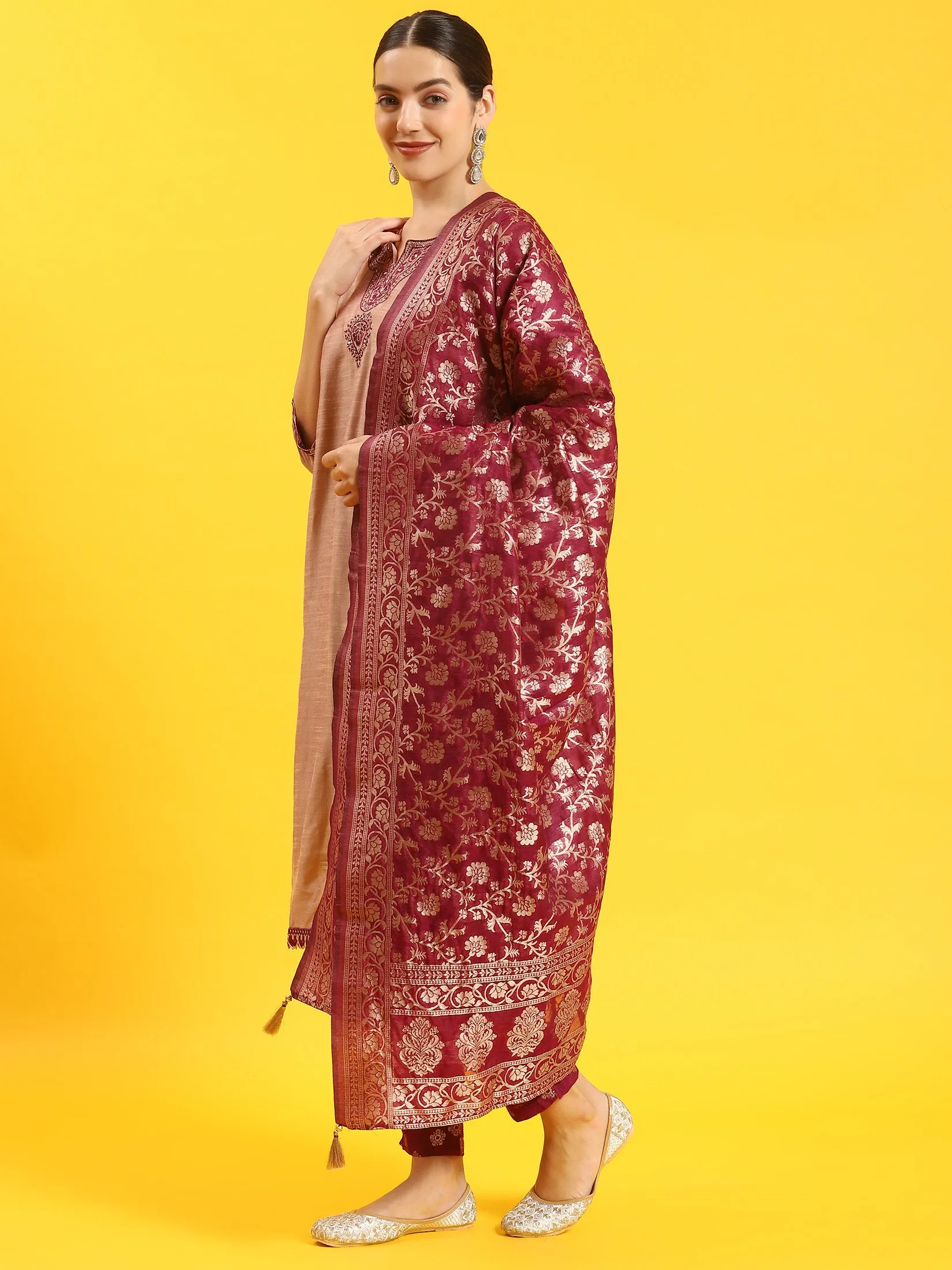 Women Beige Embroidered Kurta Trouser Dupatta