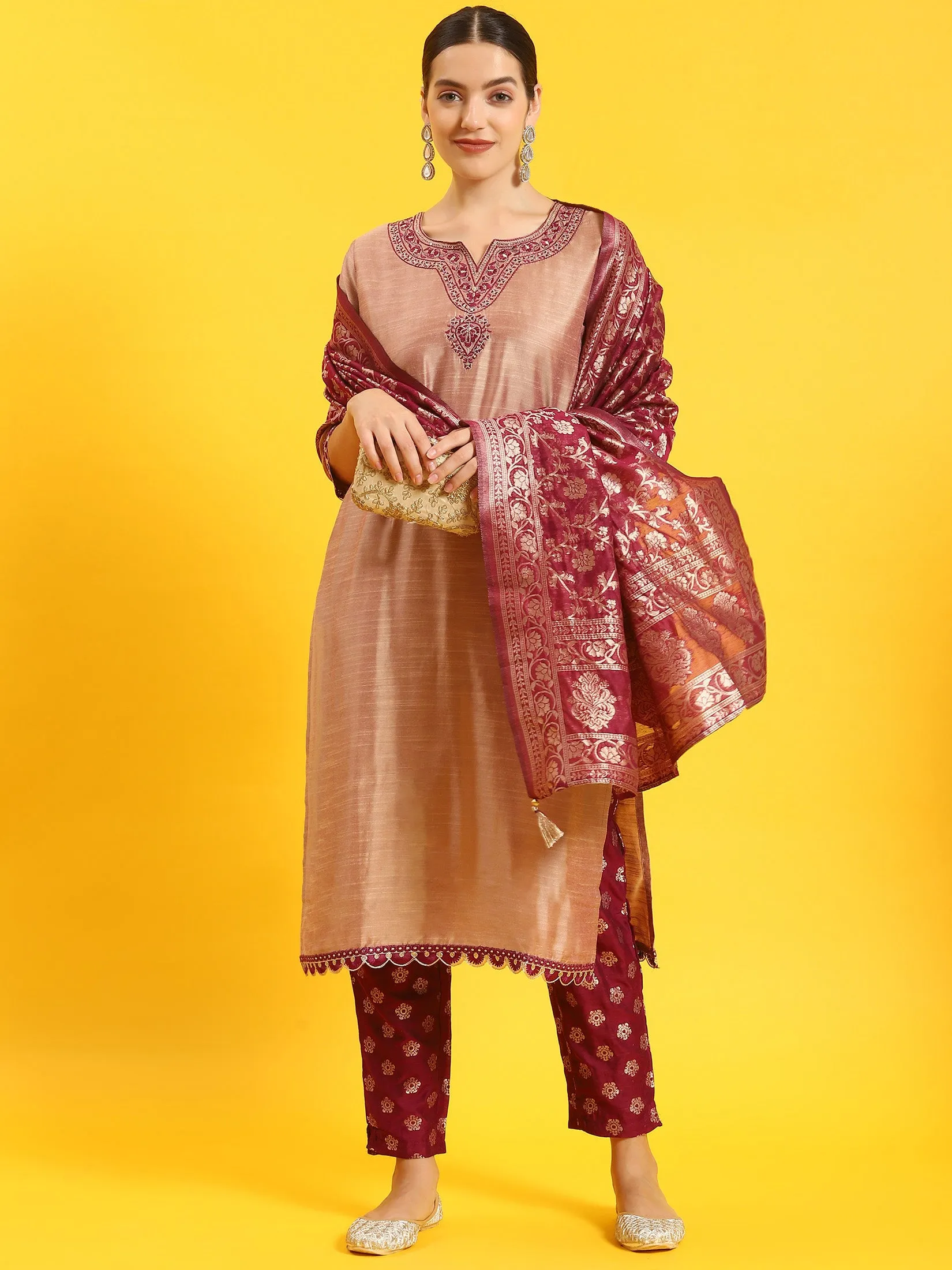 Women Beige Embroidered Kurta Trouser Dupatta