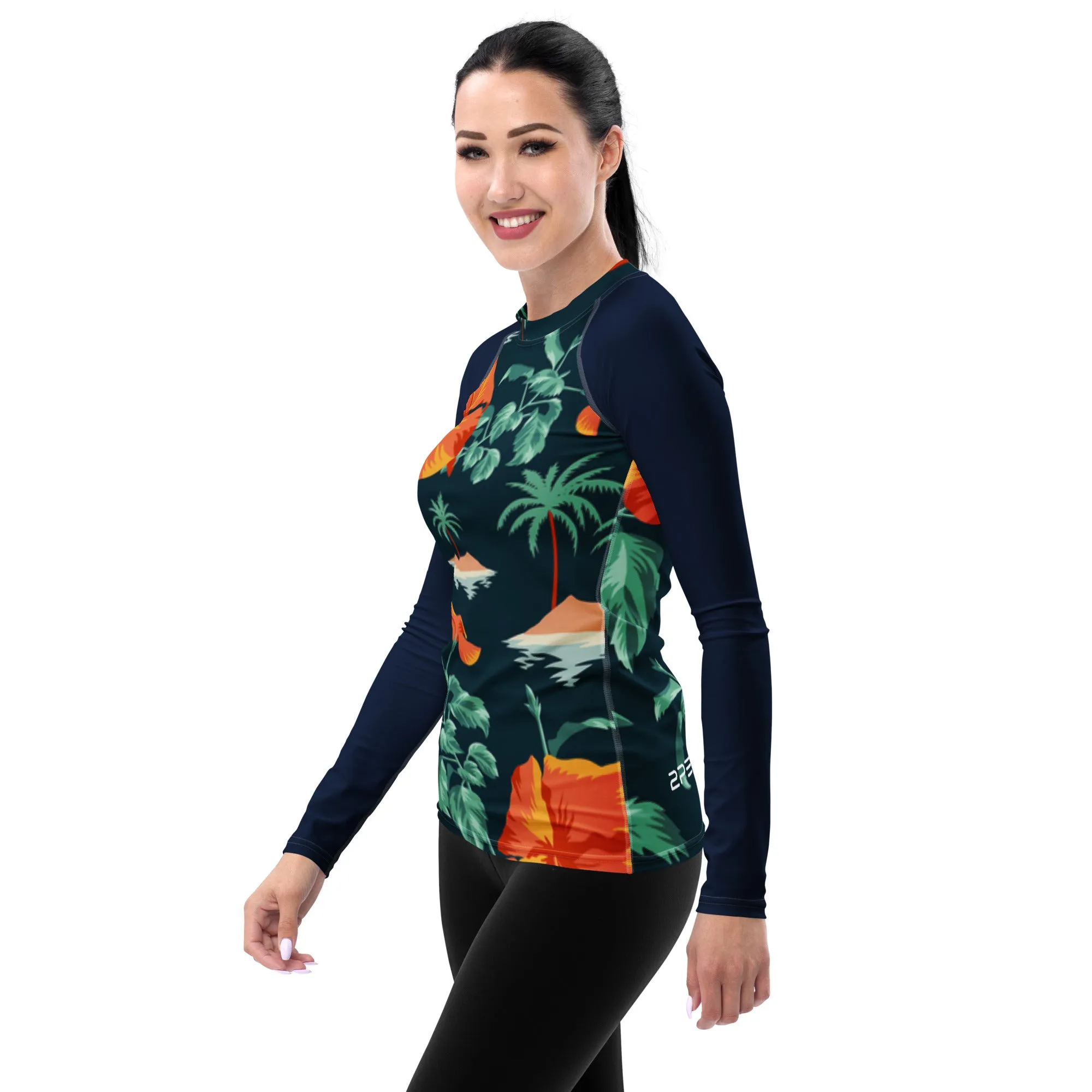 Women's Blue Orange Floral  Rash Guard